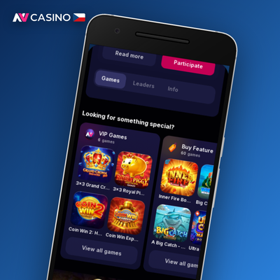 NV Casino aplikace zobrazující mřížku ikon slotů od předních herních studií