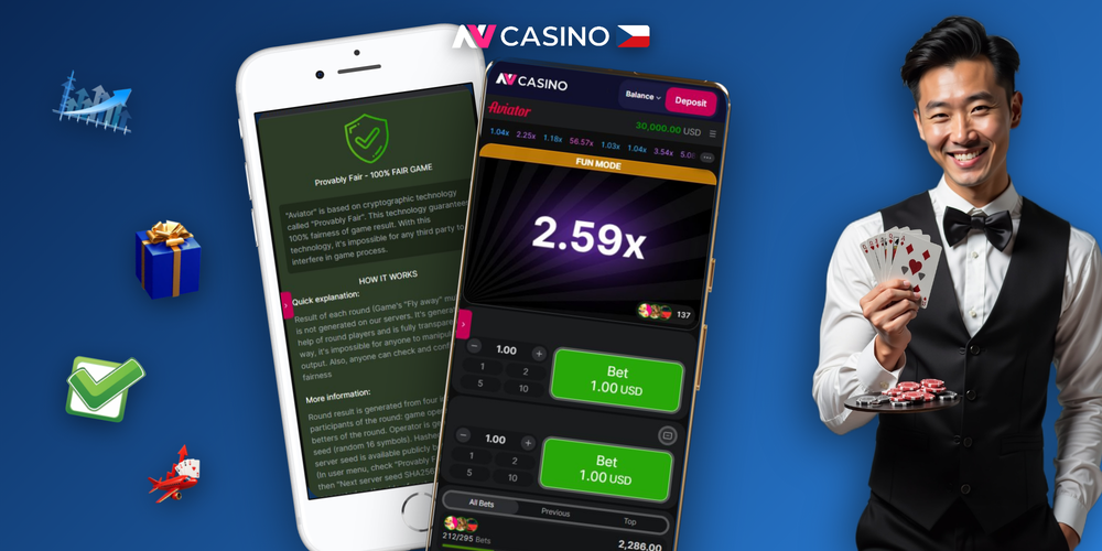 Rozhraní Aviator v NV Casino s tlačítkem Cash Out a dvěma sázkovými poli