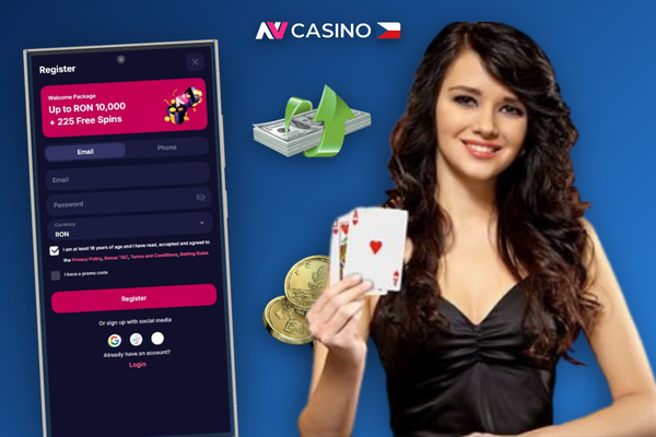 Formulář prvního vkladu v NV Casino s promo kódem a nabídkou uvítacího bonusu po vytvoření účtu